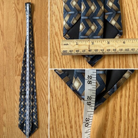 Vintage Via Europa Silk Tie Blue and Gold Geometric Pattern 58in x 4in Bold 90s - Picture 4 of 6